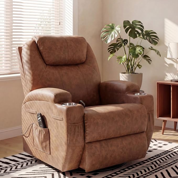 JUMMICO Small Swivel Rocker Recliner, 360 Rocking Chair Recliner with Massage, Upholstered Leathaire Rocker Recliner with Cup Holder for Living Room, Bedroom, Nursery (Dark Brown)