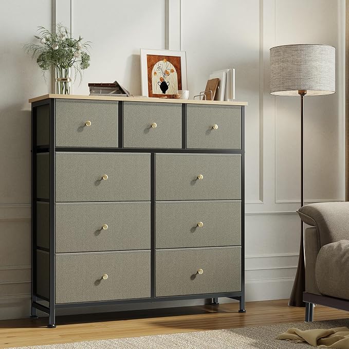 OLIXIS 9 Drawer Storage Dresser with Wood Top - Wide Fabric Chest Organizer for Bedroom, Closet, Living Room,Tower Cabinet, TV Stand, Hallway Entryway Furniture,Dark Green