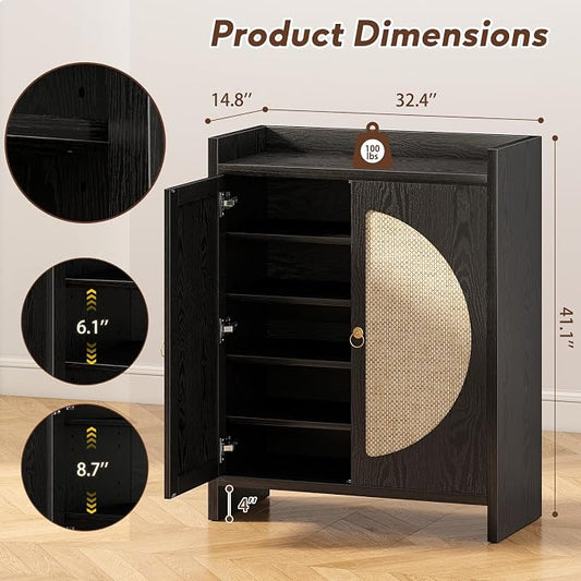 Shoe Cabinet Storage for Entryway - Rattan Entry Way Shoe Storage Cabinet with Adjustable Shelves, Wood Shoe Organizer Cabinet, Accent Cabinet with Doors for Entrance Hallway Living Room Foyer