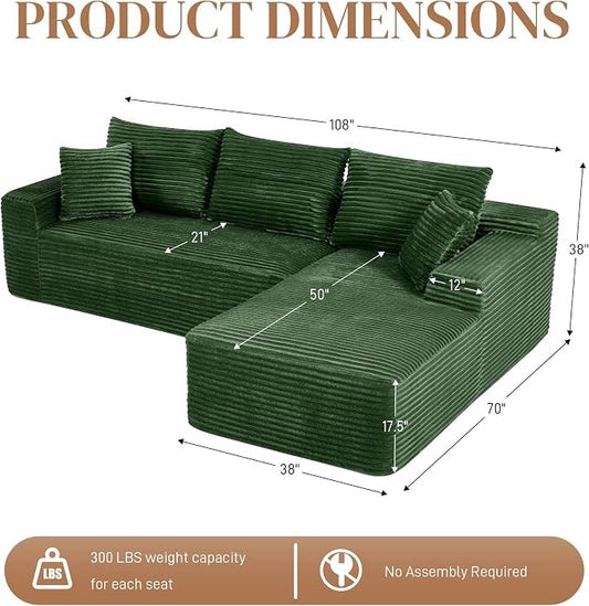 108" L Shaped Cloud Boneless Sectional Couches for Living Room, Modern Comfy Modular Deep Seat Memory Foam Compressed Corduroy Sofa Oversized Right Facing Chaise, No Assembly Required, Green