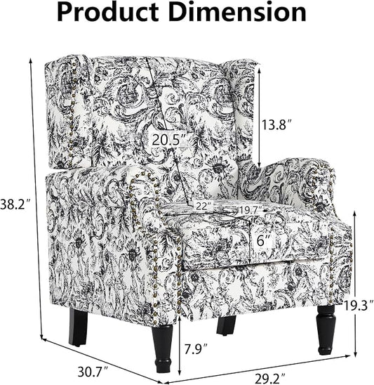 Pia Ricco High Back Floral Accent Chair - Retro Wingback Upholstered Armchair with Nailhead Trim, Solid Wood Legs, Fabric Living Room Bedroom Reading Chair (Rococo Black)