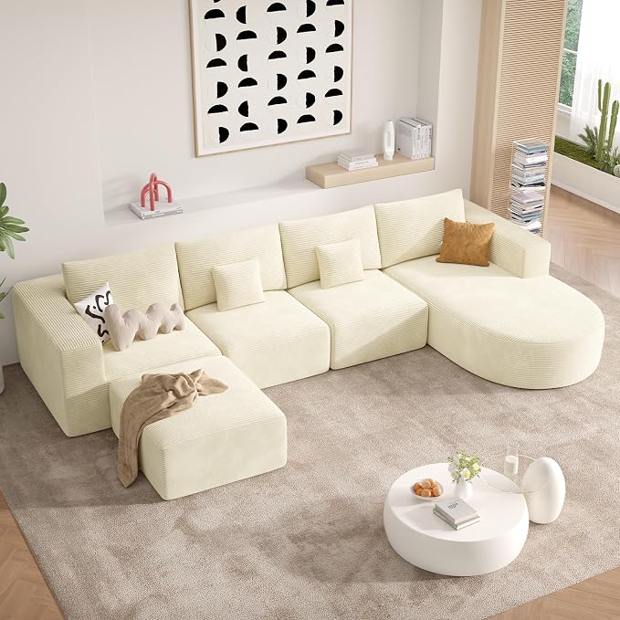 134" Boneless Couches for Living Room,Large U-Shaped Modular Sectional Sofa with Convertible Ottoman,Modern Cozy Cloud Couch in a Box,Sponge Compression Deep Seat Sofas with Chaise,Beige,1pcs
