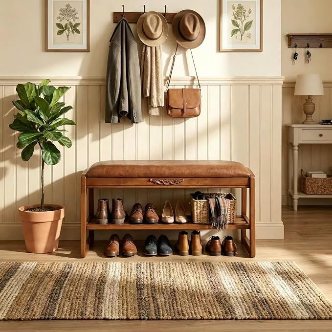 Shoe Rack Bench,2 Tiers Shoe Bench with Storage with Flip-Top,Wood Shoe Rack for Entryway,Hallway(Solid Upholstered Seat,23.6"