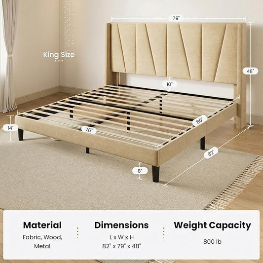 SHA CERLIN King Size Bed Frame with Geometric Wingback Headboard, Upholstered Platform Bed with 8" Under-Bed Space, No Box Spring Needed, Easy Assembly, Beige