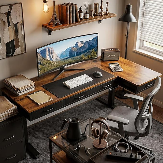 OffiGo 63 Inch L Shaped Electric Standing Desk with Drawers, Height Adjustable Large Desk with Power Outlets, Sit Stand Table, Writing Computer Desk for Home, Office, Workstation, Rustic Brown