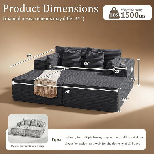72" Cloud Sectional Couch, Comfort Sleep Sofa for Living Room, Extra Deep Seats No Assembly, Minimalist Modular Couch, Corduroy (Dark Grey, Loveseat Chaise)