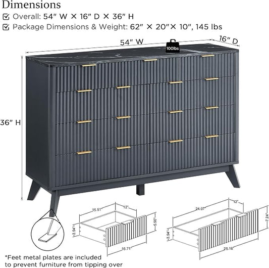 T4TREAM Fluted 9 Drawers Dresser, 54" Wide Modern Chest of Drawers with Faux Marble Top, Curved Profile Design, Dresser TV Stand, Wood Drawer Organizer for Bedroom, Living Room, Hallway, Dark Grey
