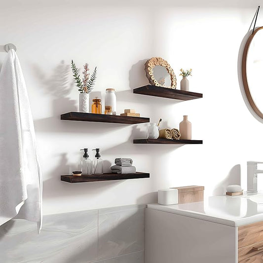 YYWUOJJ Wood Floating Shelves for Wall Decor, Rustic Wall Shelves for Bedroom Bathroom Kitchen Living Room, Set of 6 Walnut