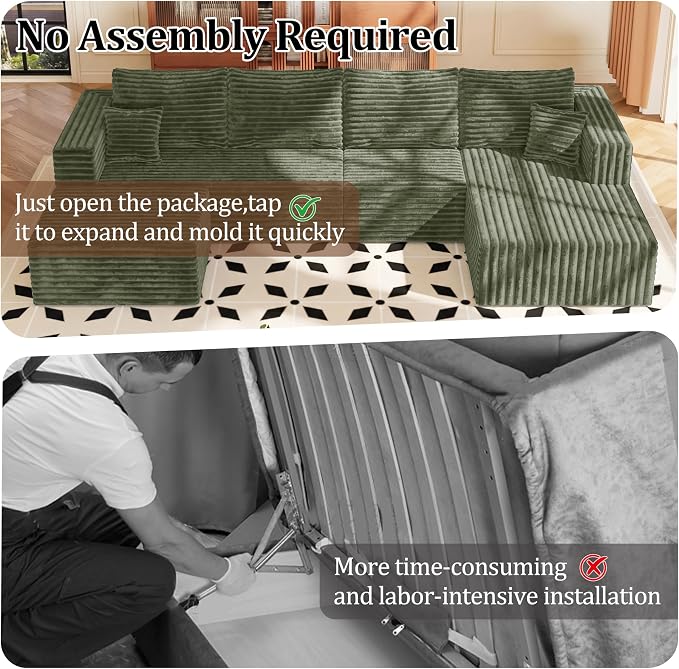 92.5'' U-Shaped Boneless Couches, Sectional Sofa with Deep Seat with Ottoman, Corduroy Modular Sectional Sofa, Convertible Cloud Couch with Oversized Deep Seats No Assembly Needed