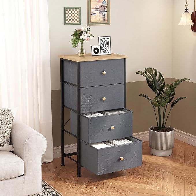 DUMOS Nightstand with 4 Drawers, Bedside Table with Removable Fabric Bins, Sturdy Steel Frame Wood Top Organizer Furniture for Bedroom Closet Living Room, Gray Blue