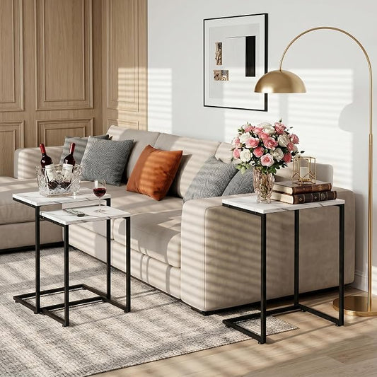 SUPER DEAL Nesting Tables Set of 3, Industrial C Shaped End Table Stackable Coffee Table Heavy Duty Metal Frame for Small Space, Living Room, Bedroom, Side Table Tray for Laptop Snack, White