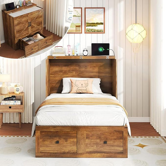 LUXOAK Twin Murphy Bed with Built-in Charging Station and Storage Drawer, Farmhouse Foldable Cabinet Bed for Guest Room, Apartment or Home Office, Barnwood
