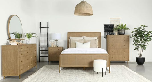Coaster Home Furnishings Arini Coastal 5-Piece Bedroom Set Natural Cane Eastern King Size Panel Bed Frame 56-inch Headboard Sand Wash and Natural Cane 224300KE-S5
