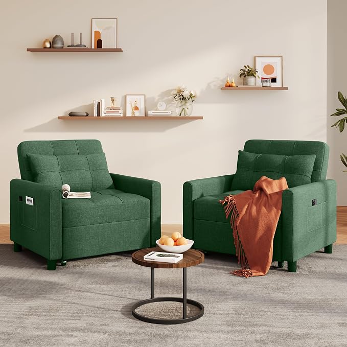 Ahomly Convertible Sleeper Chair Sofa Bed with 3-in-1 Design, Adjustable Backrest, and Storage Pocket for Living Room, Green