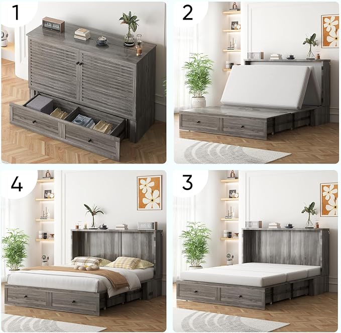 ijuicy Queen Cube Murphy Bed, Charge & Storage, Includes Mattress,Grey | Space-saving hideaway foldable design, practical temporary sleeping bed for guest room & small space use