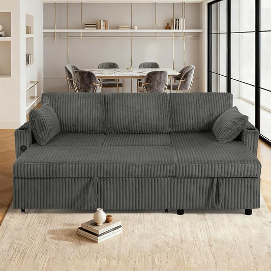 84" Corduroy Pull Out Sofa Bed w/Adjustable Backrests, Sectional L-Shape Sleeper Sofa w/Storage Chaise, Convertible Couch Bed w/USB Charging Port & Cup Holders for Living Room, House, Grey