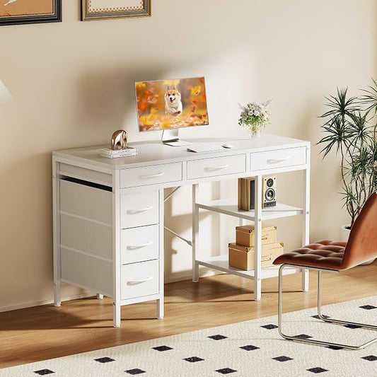 Sweetcrispy 47" Computer Desk with 6 Drawers, Home Office Gaming Desks with Storage Shelves for Bedroom, Writing Study Corner Living Room Work Table White