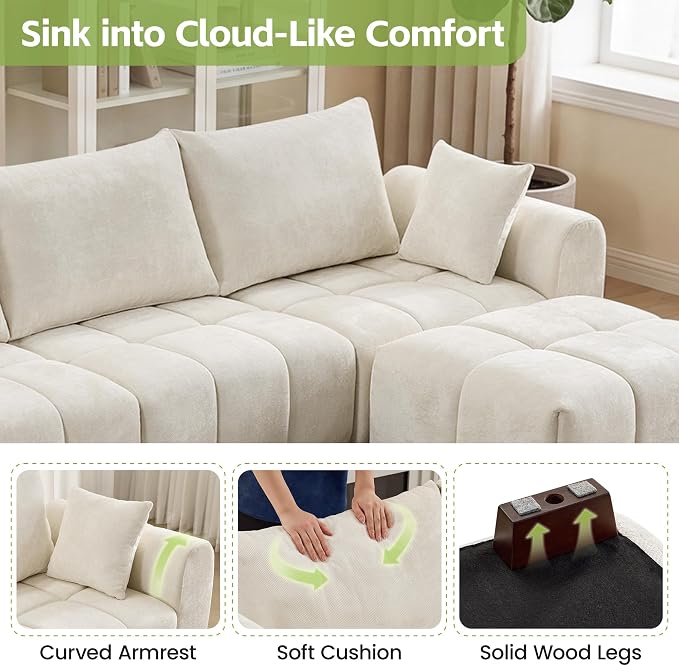 112" L Shaped Modular Sectional Sofa, Beige Chenille Cloud Couch, Modern Upholstered 4 Seater Couch with Removable Ottoman, Tufted Deep Seat & Wood Legs, Sectional Couches for Living Room Apartment
