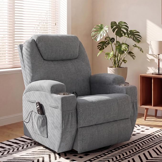 JUMMICO Small Swivel Rocker Recliner, 360 Rocking Chair Recliner with Massage, Upholstered Fabric Rocker Recliner with Cup Holder for Living Room, Bedroom, Nursery (Gray)