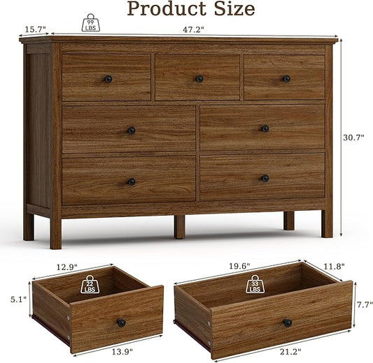CARPETNAL Oak Dresser for Bedroom, 7 Drawer Dresser with Wide Drawers and Metal Handles, Wood Dressers & Chests of Drawers for Hallyway, Entryway