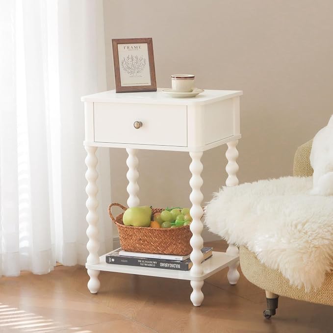 AWASEN White Nightstand, Small Side Table with Drawer for Living Room, Farmhouse End Bedside Table with Spindle Wood Legs for Bedroom, Office, White