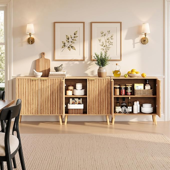 Set of 3 Fluted Storage Cabinet, Buffet Cabinet with Storage, Wood Sideboard with Adjustable Shelf, Modern Accent Cabinet & Console Table for Entryway, Living Room, Dining Room, Natural