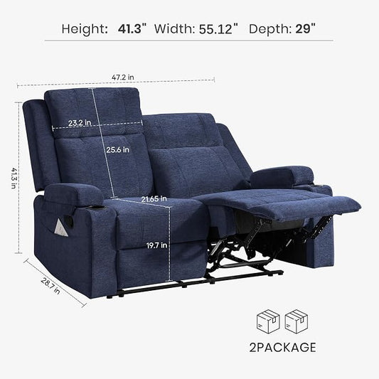 55" RV Loveseat Recliner – Space-Saving Double Reclining RV Sofa, Compact Theater Seating with Cup Holders & Storage Pocket, Blue Chenille Couch for Camper, Motorhome & Home Theater