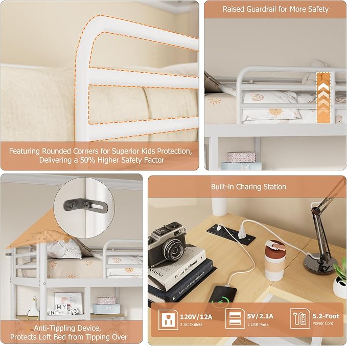 Jocoevol Twin Loft Bed with Mattress, Dual-Access Bed, Pull-Out Folding Bed & L-Shaped Desk, Heavy Duty Metal Bunk Bed Frame with Safety Guardrails, Charging Station & Adjustable Shelves (Pearl White)