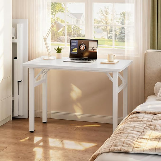 Need 35.8 Inch Folding Desk for Small Spaces, Home Office Computer Desk with Wood Top & Black Frame, Foldable Writing Table for Study, Bedroom, Dorm Room & Student, White