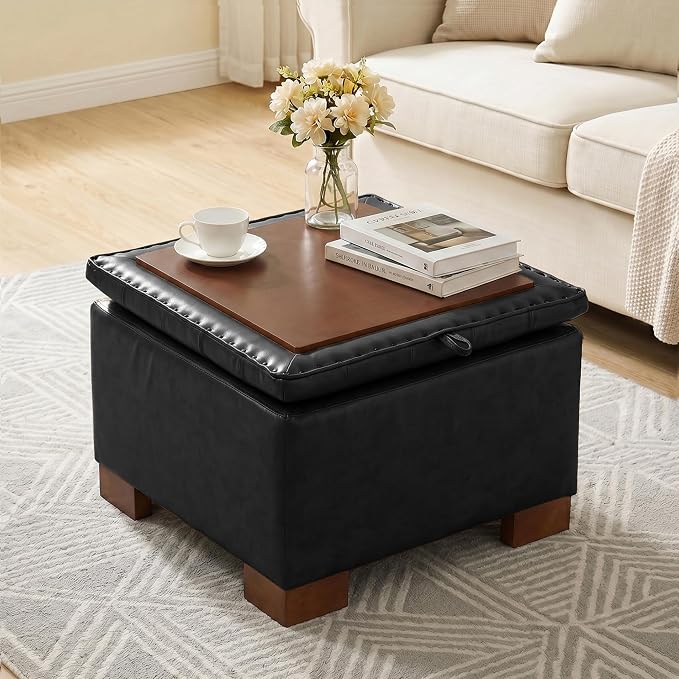 24 Inch Square Storage Ottoman Coffee Table, Modern Tufted Upholstered Ottoman with Flip Tray and Solid Wood Legs, Suitable for Living Rooms, Faux Leather Black