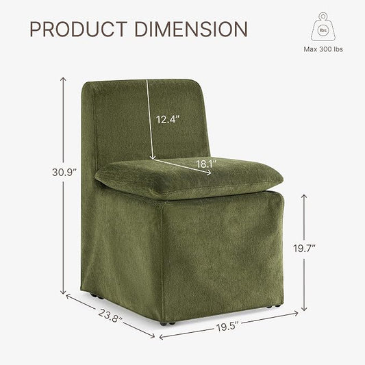 KISLOT Upholstered Dining Chairs Set of 2 with Casters, Modern Armless Kitchen Chairs with Removable Washable Cover, Chenille Velvet Fabric, Sturdy Metal & Wood Frame, 19.5" Seat Height, Green