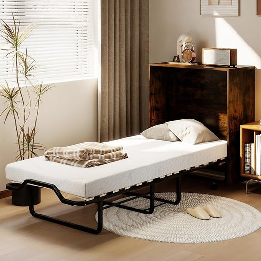 KOMFOTT Murphy Bed Cabinet, Rolling Folding Bed into Cabinet with Mattress & Lockable Wheels, Folding Bed Frame for Small Space, Roll Away Pull Out Murphy Bed for Guest Room Office