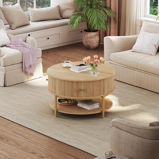 23.6" Round Coffee Table with Storage, 3-Tier Small Round Coffee Table with Sliding Cabinet Door & Round Metal Legs, Mid Century Modern Coffee Tables for Living Room, Oak