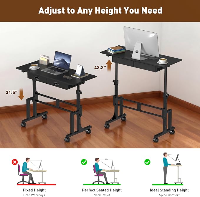 Jsskeeim Adjustable Standing Desk with Drawers, Rolling Sit Stand Desk with Wheels for Walking Pad, Small Mobile Computer Desk for Home Office, Portable Height Adjustable Desk 31.5"-43.3", Black