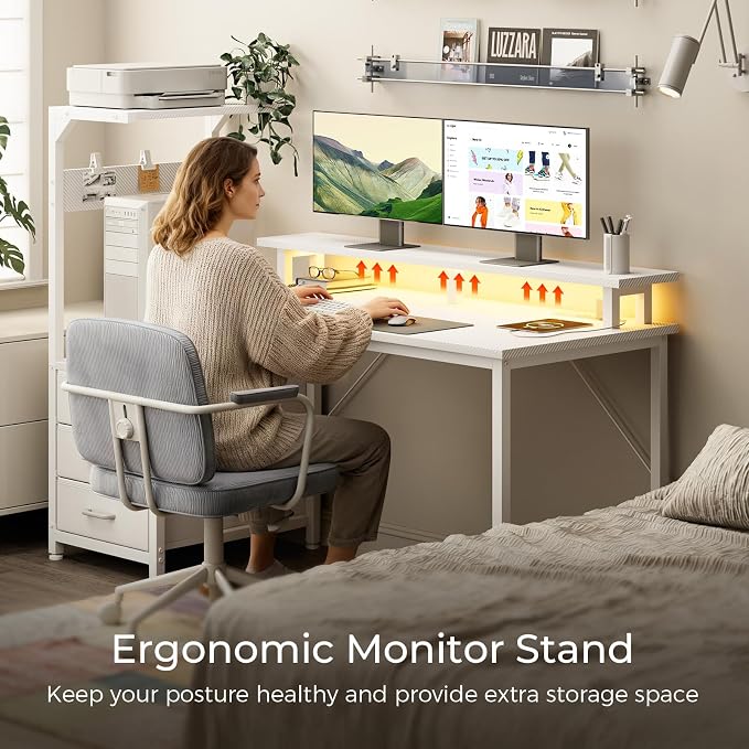 AODK 59 Inch Gaming Desk with USB Charging Ports & LED Light- Reversible Computer Desk with Storage Shelves & Monitor Stand, Modern Gamer Desk Table with Fabric Drawers, White