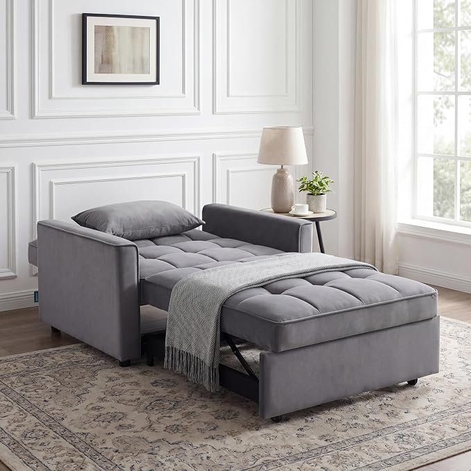 Sleeper Chair, Pull Out Chair Sleeper with Adjustable Back & Pocket, Convertible Chairs Bed Sleepers for Adults, 3 in 1 Sofa Bed Chairs for Small Spaces, Living Room, Gray