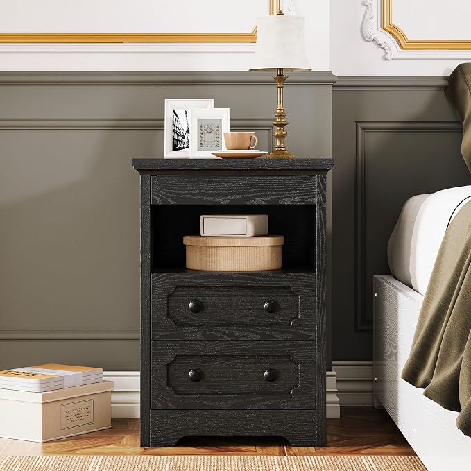 LIKIMIO Night Stand, Modern Bedside Table with 2 Drawers, Open Shelf, End Table with Pull-Out Tray, Wood SideTable, Black