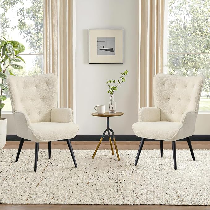 Furniliving Boucle Accent Chair for Living Room, Upholstered Reading Chair with High Backrest, Tufted-Button Wingback Armchair for Bedroom, Dressing Room, Home Office, Ivory White
