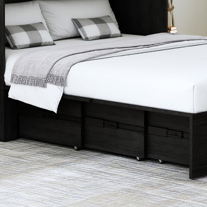 Queen Murphy Bed with Storage & Charging Station, Farmhouse Murphy Cabinet Bed with Large Drawer, Hideaway Foldable Platform Bed for for Guest Room, Bedroom, Home Office, Mattress Not Included, Black