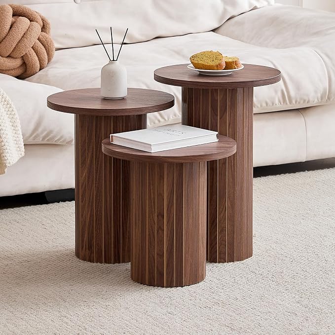 Round Side Tables Set of 3, Circle Modern Fluted Nesting Coffee Table, Accent End Table Set for Living Room and Bedroom, Brown
