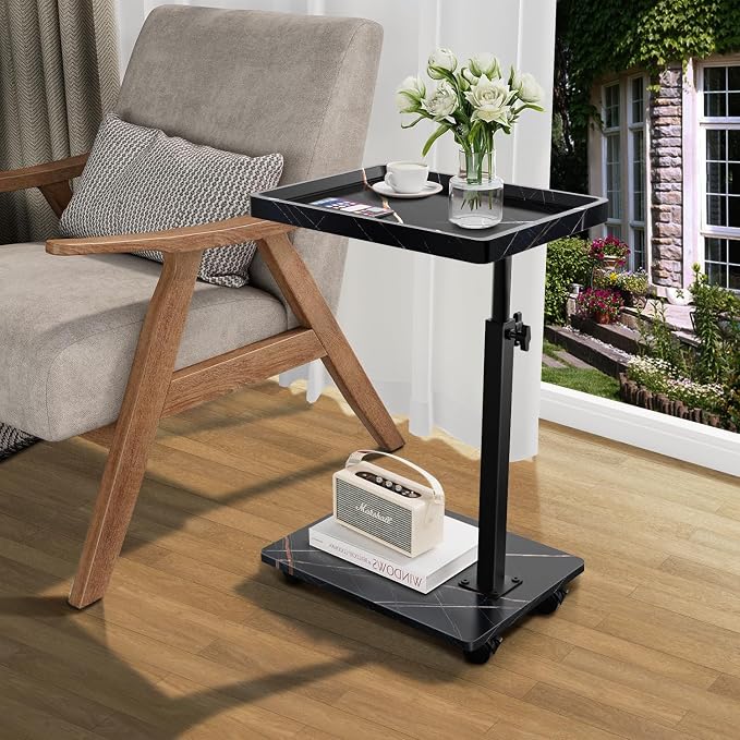 C Table End Table Adjustable Height, 360°Swivel TV Tray Table for Small Spaces, Couch Tables That slide under, C Shaped Side Tables living room and bedroom for Sofa, Bed,Chair, Snack (2, Black)