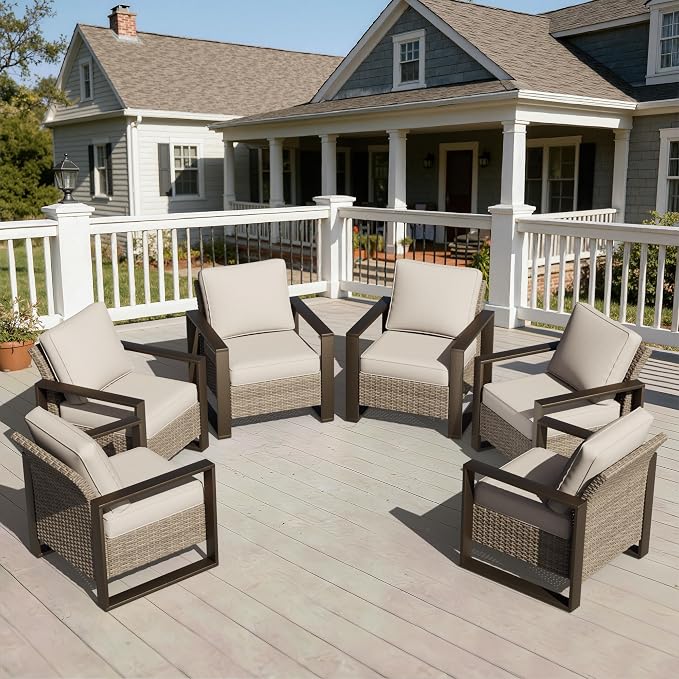 Joyside Outdoor Patio Chairs Set, 6 Pieces Wicker Rattan Chairs with Metal Wide Armrest, Thick Cushions and Deep Seating for Garden, Backyard, Porch, Deck