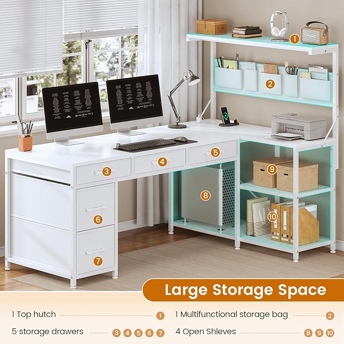 SEDETA Corner Computer Desk, Reversible L Shaped Computer Desk with Fabric Drawers and Power Outlet, 47.2” Gaming Desk with LED Lights, Storage Shelves and Hutch, White