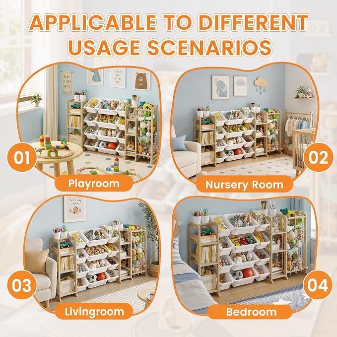 Toy Storage Organizer 4-in-1 Stuffed Animal Storage with 2 Bookshelf and 12 Plastic Bins - Toys Organizer for Kids Room - Wooden Toy Rack for Playroom, Bedroom, Nursery Decor
