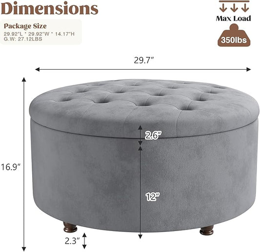 30 Inch Round Storage Ottoman,Modern Tufted Ottomans,Circular Coffee Table with Removable Top,Upholstered Large Ottoman with Storage Footrest Stool for Bedroom Living Room (LIGHTGREY)