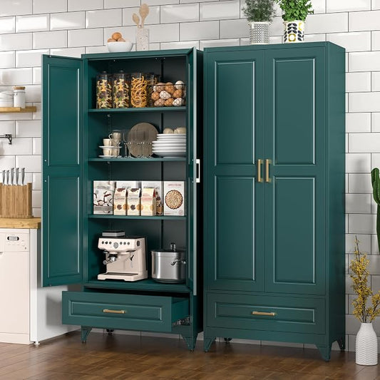 Polup Metal Storage Cabinet,75" Tall Kitchen Pantry Storage Cabinet with Doors and Adjustable Shelves, Green Metal Pantry Cabinets with Drawer, Large Cupboard for Kitchen, Dining Living Room