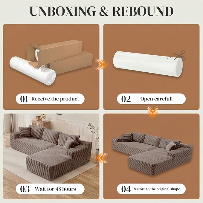 95" L Shaped Cloud Boneless Sectional Couches for Living Room, Modern Comfy Modular Deep Seat Memory Foam Compressed Corduroy Sofa Oversized Right Facing Chaise, No Assembly Required, Brown