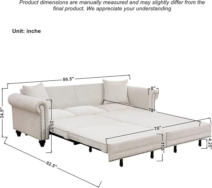 KEIKI 3 in 1 Classic Modern Convertible Sofa Bed King Size Pull Out Sleeper with Rolled Arm Nailhead Trim, Chenille Fabric Sturdy Frame 600 lbs Capacity for Living Room Apartment Office, Green