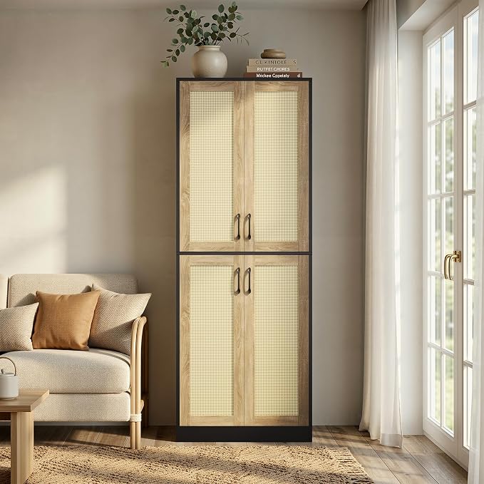 JASIWAY Rattan Pantry Cabinet, 67" Tall Kitchen Storage Cabinet with Doors | Adjustable Shelves, Wicker Linen Closet Cupboard for Laundry, Bathroom, Black
