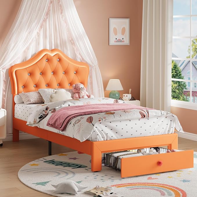Twin Size Bed Frame for Girls with Storage Drawers & LED Lights, Upholstered Platform Bed, Velvet Crystal Button Princess Bed, Noise-Free Slats, No Box Spring Needed for Kids, Teens, Orange